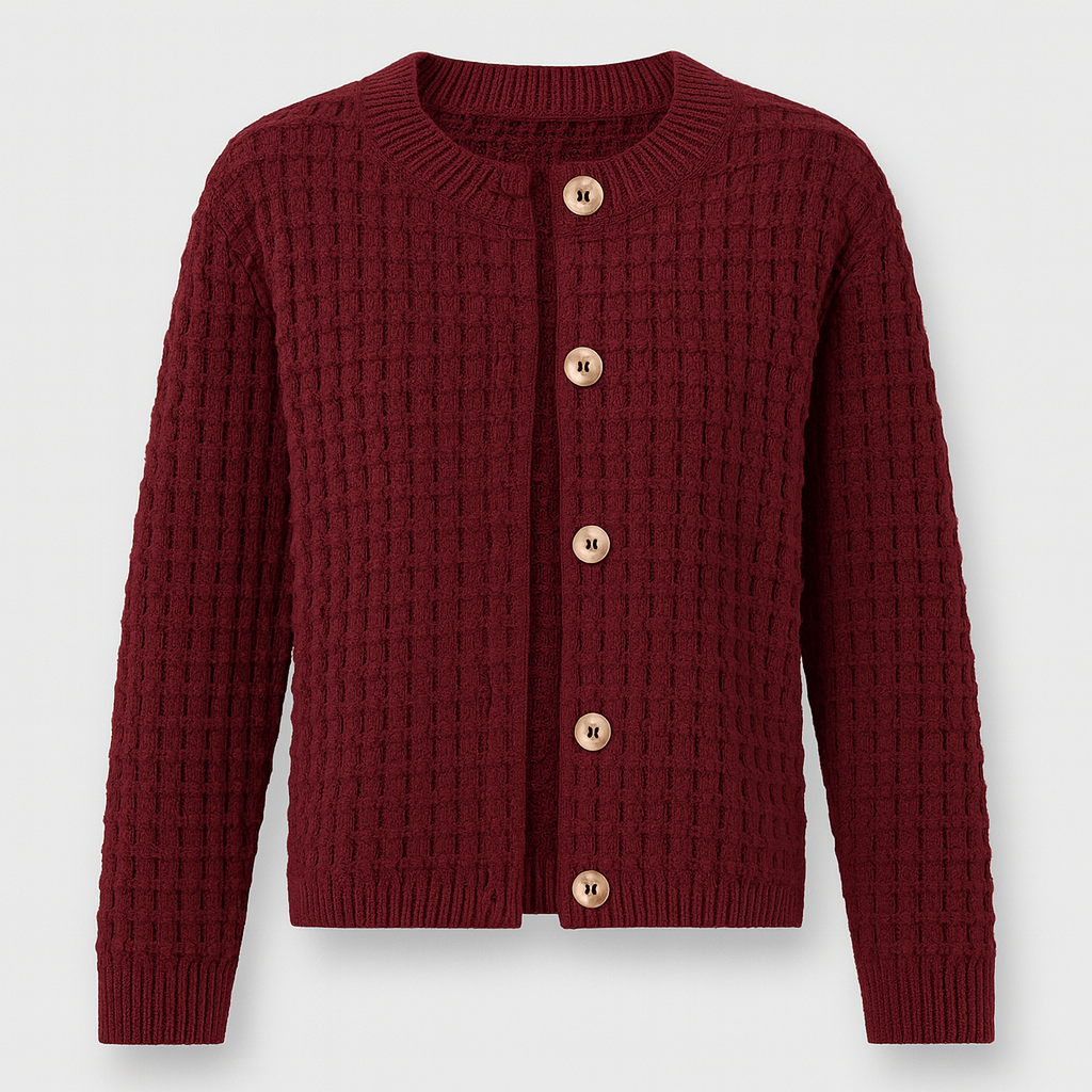 A burgundy textured knit cardigan with large wooden buttons