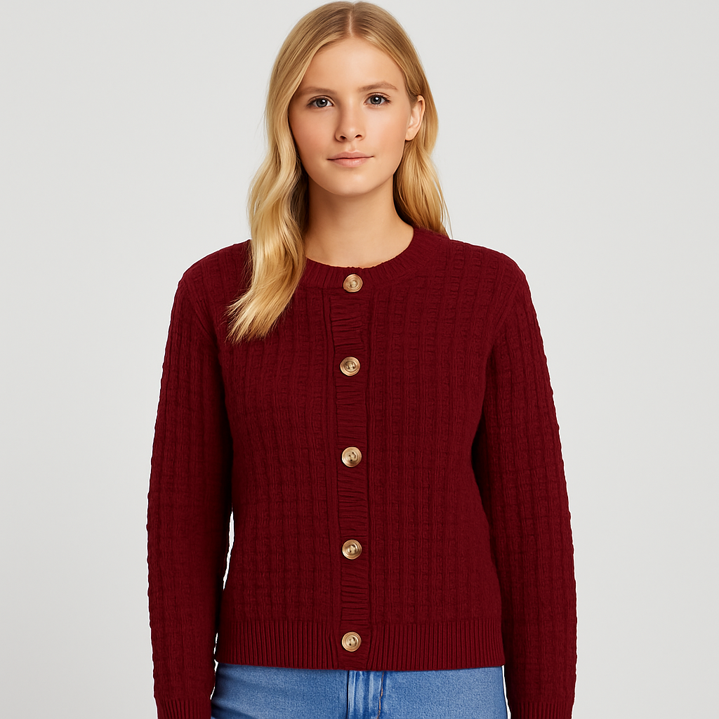 A burgundy textured knit cardigan with large wooden buttons 
