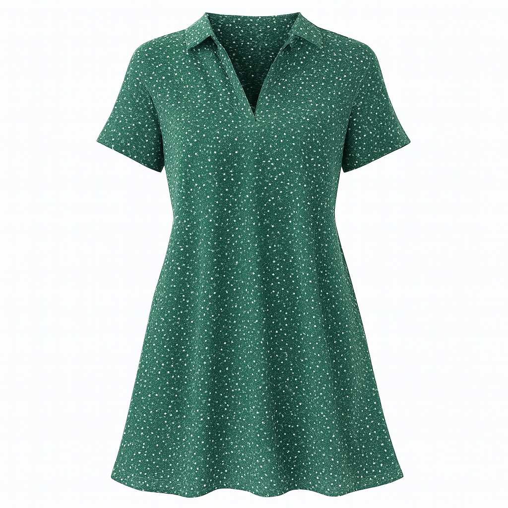 A short-sleeve, above-knee dress with a collared neckline, V-shaped opening at the chest, and an all-over small dotted print.