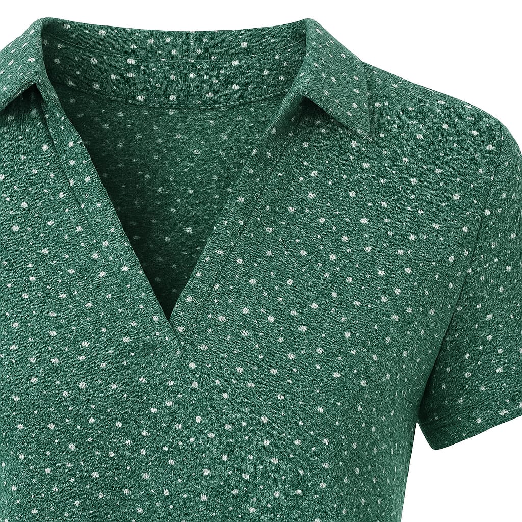 A short-sleeve, above-knee dress with a collared neckline, V-shaped opening at the chest, and an all-over small dotted print.