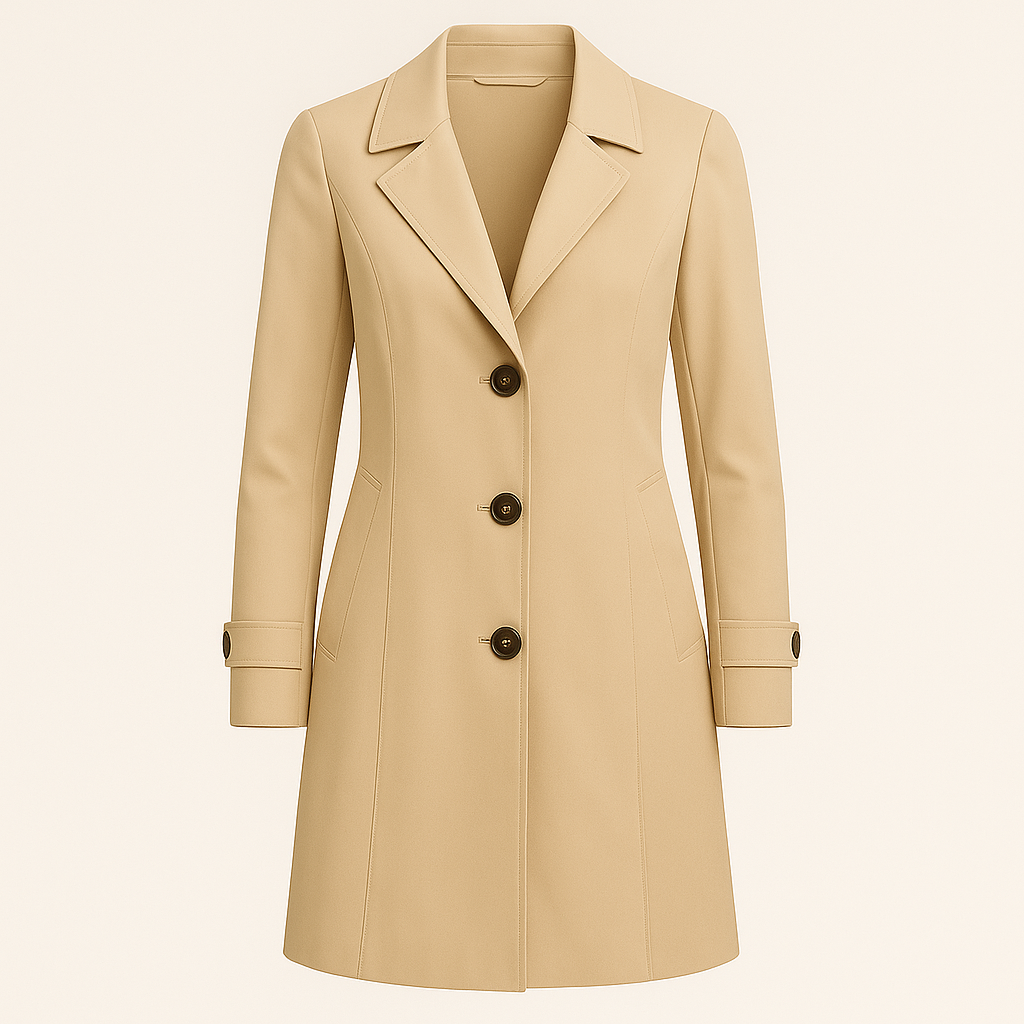Trench coat with notched lapel collar, button-front closure, and tailored fit, styled with a minimal base layer