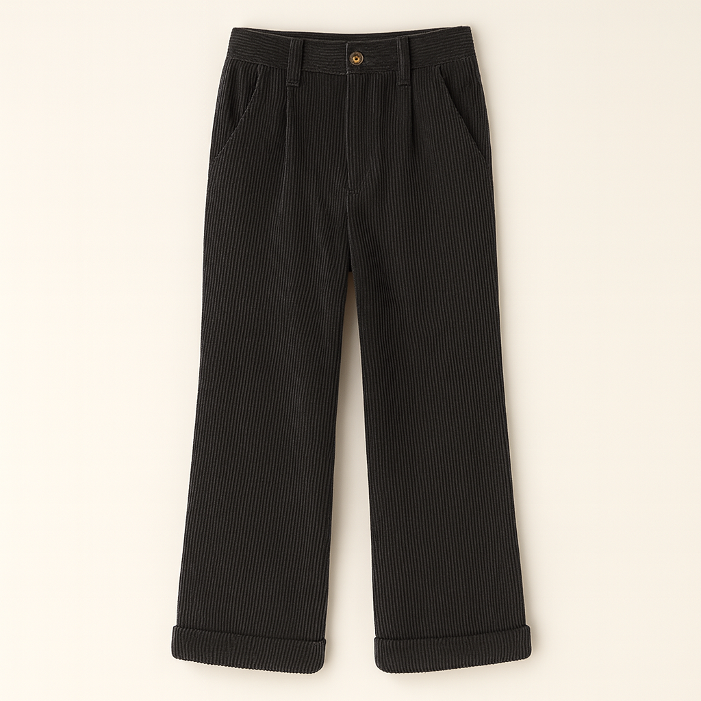 Straight-leg corduroy trousers with rolled cuffs, belt loops, side pockets, and button-front closure.