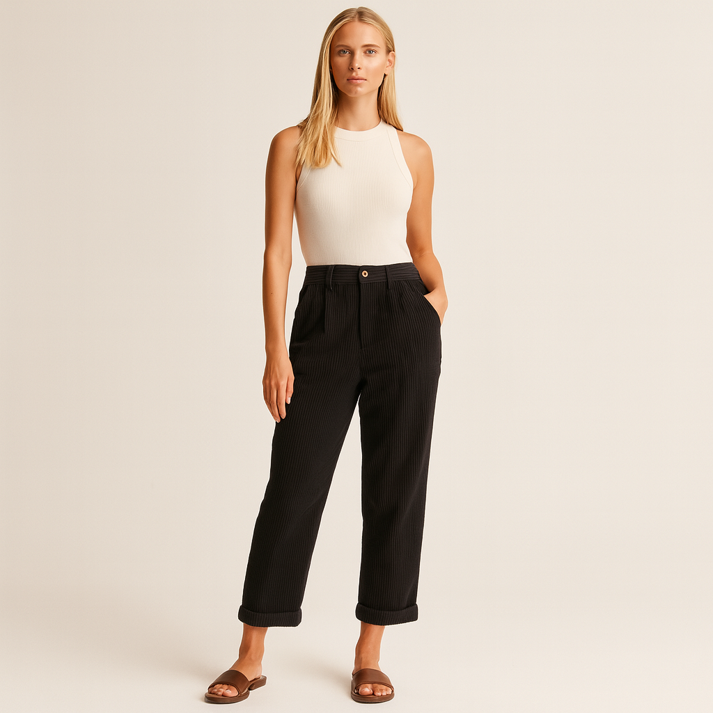 Straight-leg corduroy trousers with rolled cuffs, belt loops, side pockets, and button-front closure.