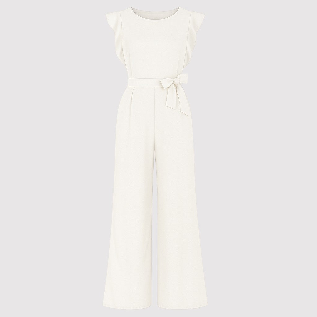 A sleeveless jumpsuit featuring ruffled shoulder details, a fitted waist with a matching fabric belt tied in a bow, and wide-leg pants for a chic and feminine silhouette.