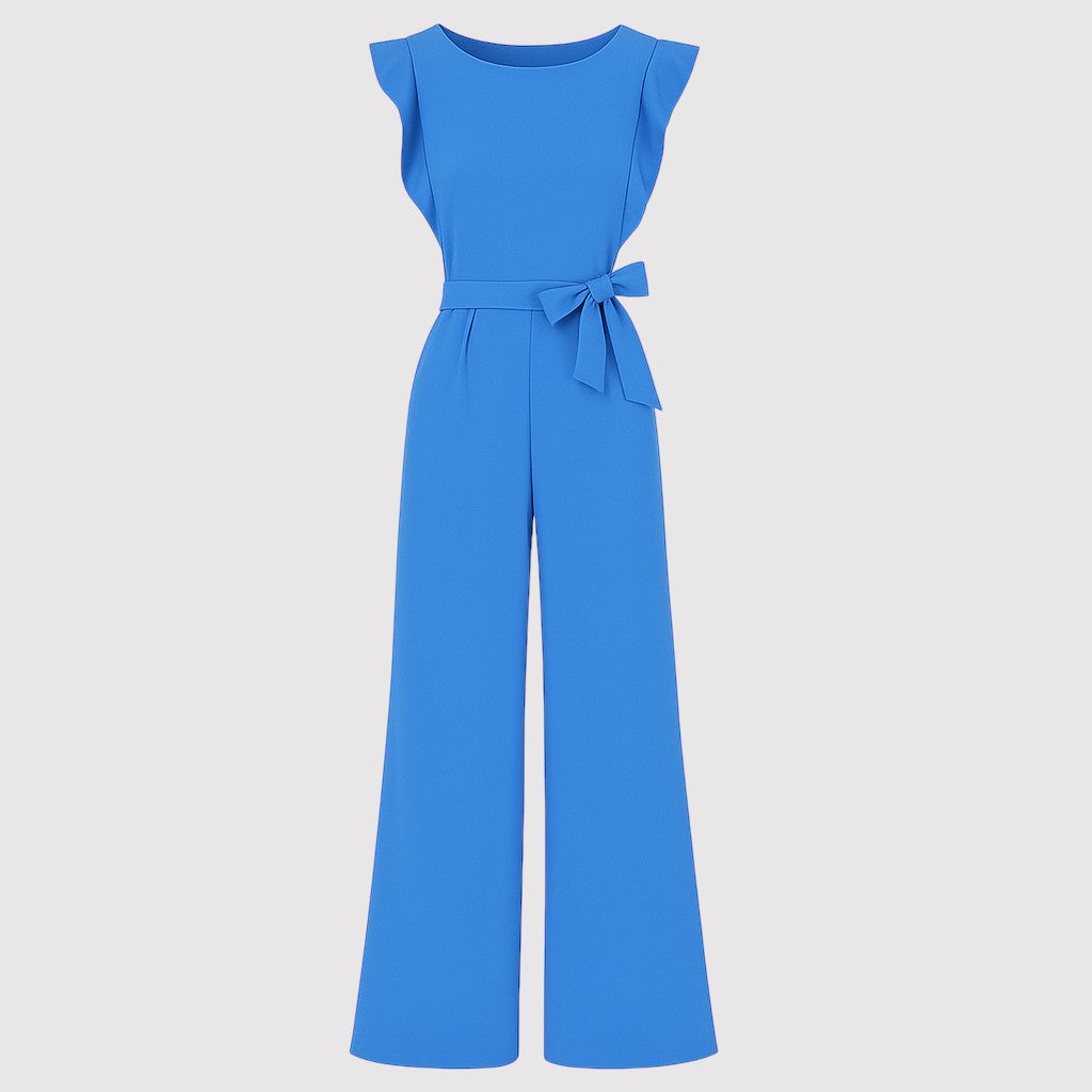 A sleeveless jumpsuit featuring ruffled shoulder details, a fitted waist with a matching fabric belt tied in a bow, and wide-leg pants for a chic and feminine silhouette.