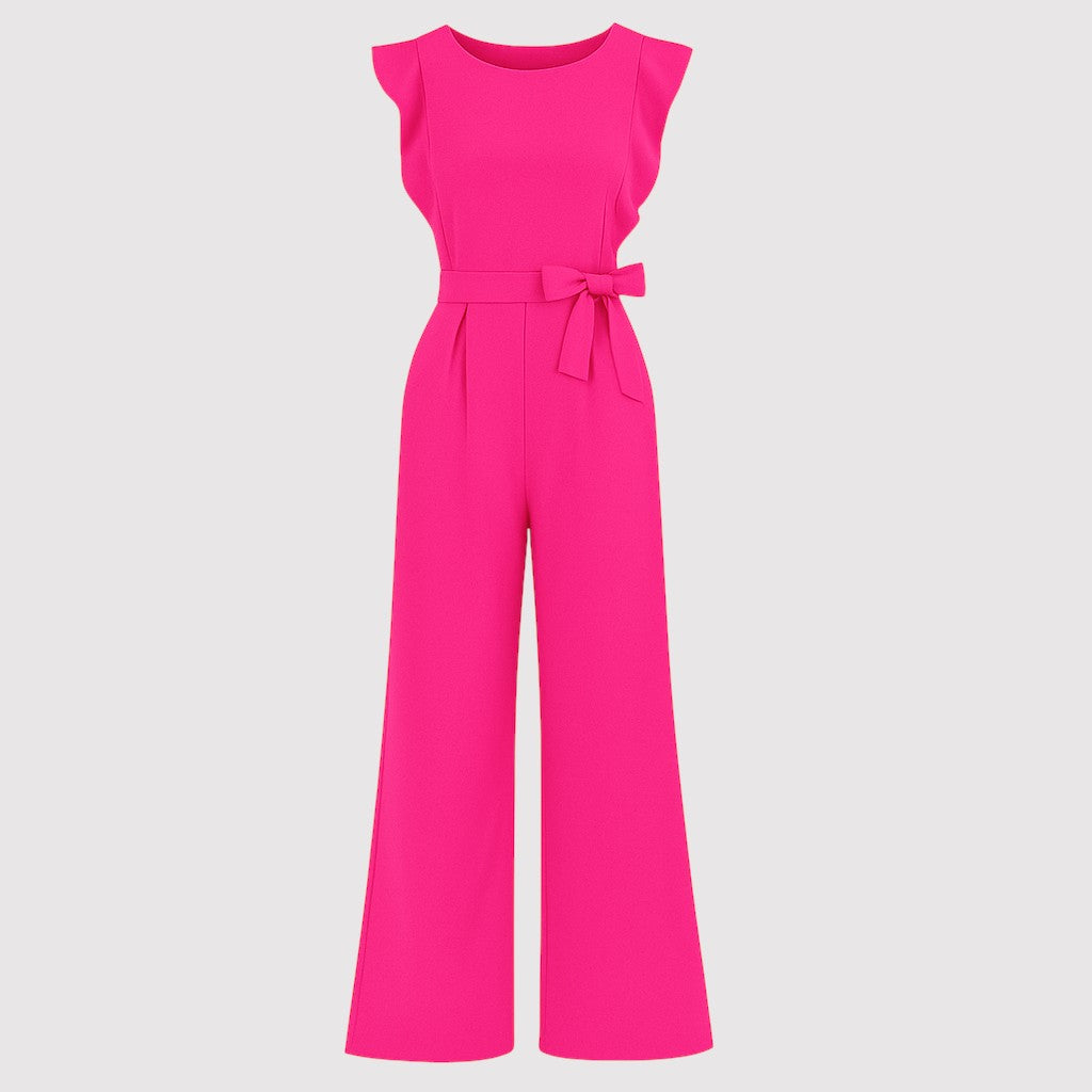 A sleeveless jumpsuit featuring ruffled shoulder details, a fitted waist with a matching fabric belt tied in a bow, and wide-leg pants for a chic and feminine silhouette.