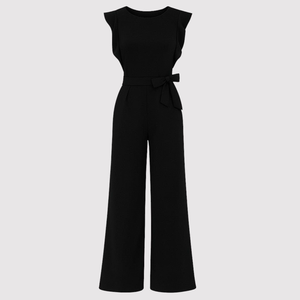 A sleeveless jumpsuit featuring ruffled shoulder details, a fitted waist with a matching fabric belt tied in a bow, and wide-leg pants for a chic and feminine silhouette.