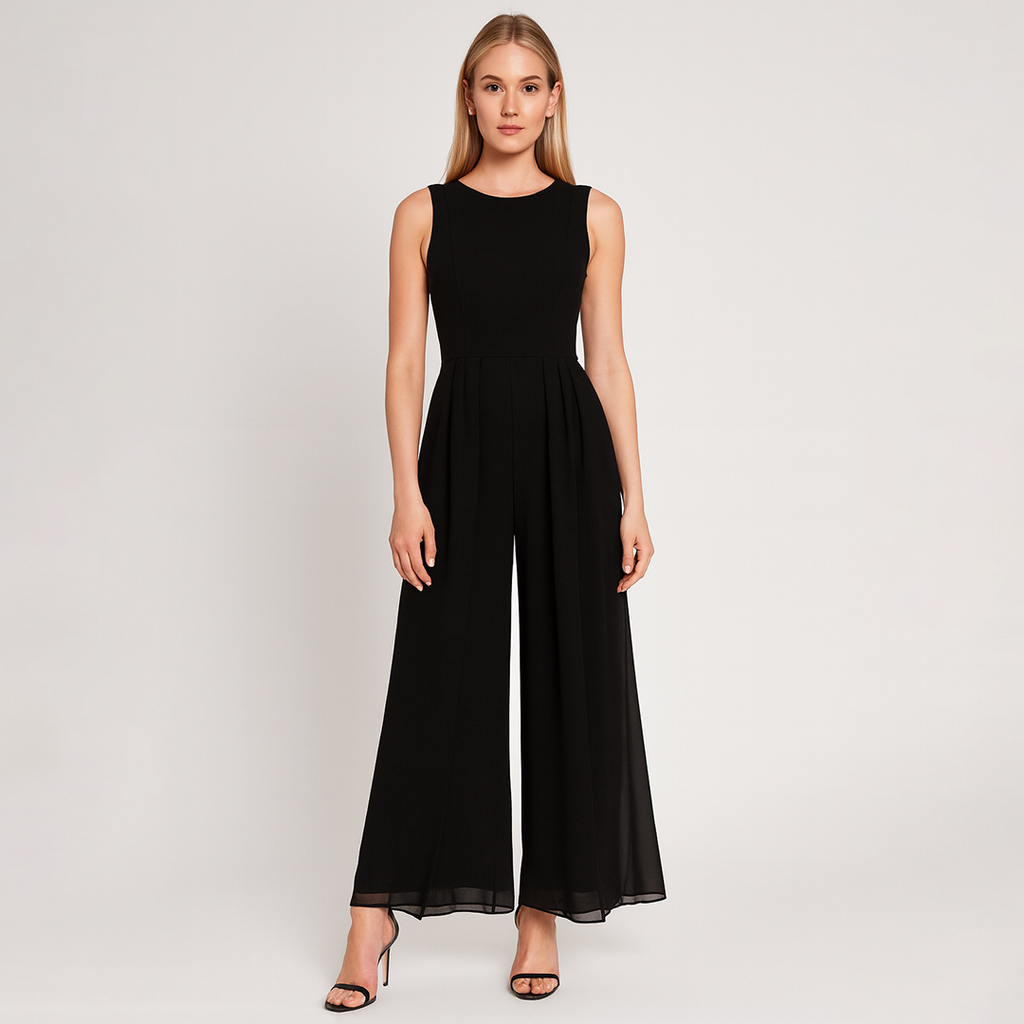 A sleeveless jumpsuit featuring ruffled shoulder details, a fitted waist with a matching fabric belt tied in a bow, and wide-leg pants for a chic and feminine silhouette.