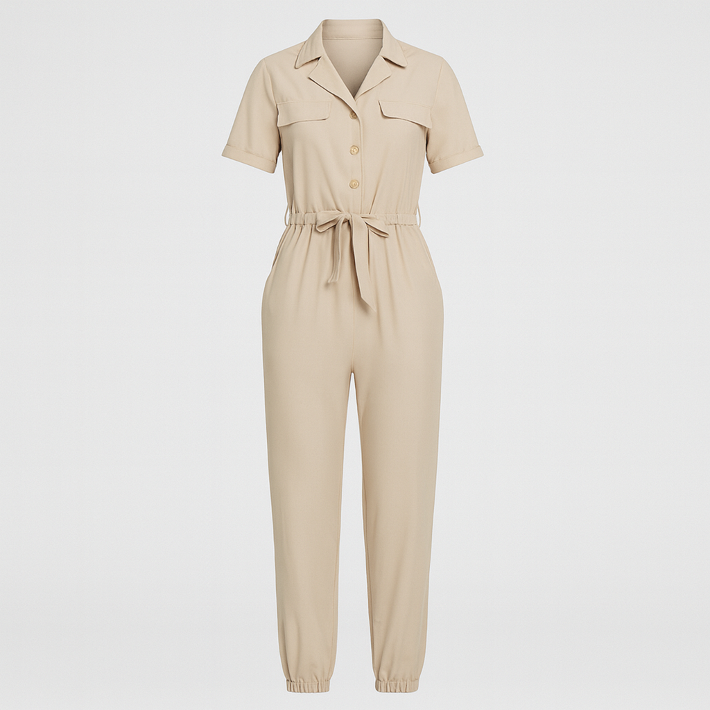 Utility jumpsuit with short sleeves, notched collar, button front, chest flap pockets, drawstring waist, and elastic cuffs at the ankles.