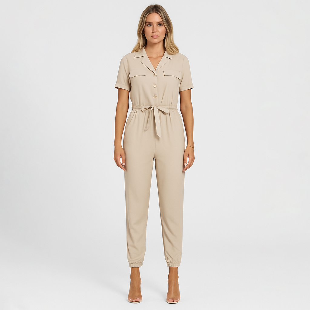 Utility jumpsuit with short sleeves, notched collar, button front, chest flap pockets, drawstring waist, and elastic cuffs at the ankles.