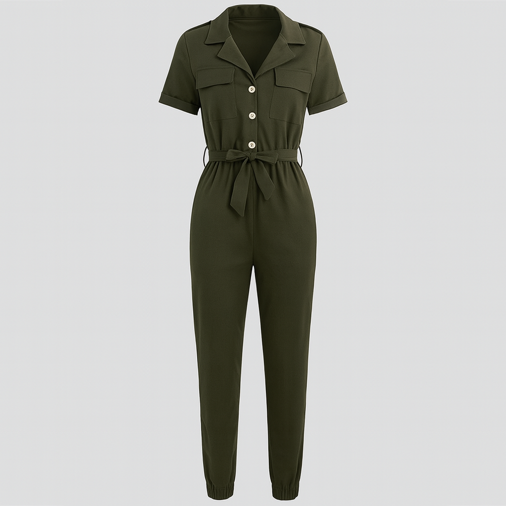 Utility jumpsuit with short sleeves, notched collar, button front, chest flap pockets, drawstring waist, and elastic cuffs at the ankles.