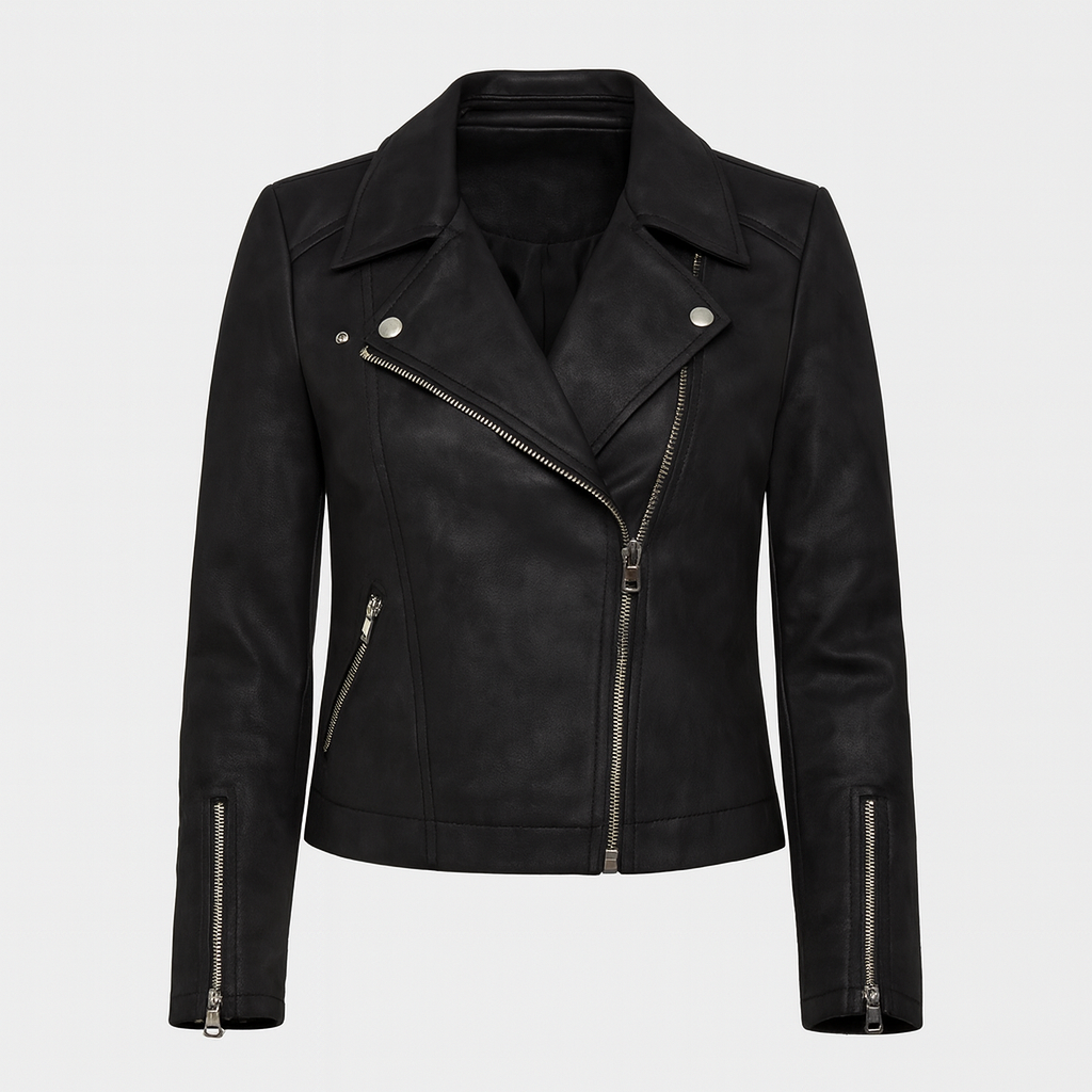 Faux leather biker jacket with asymmetrical zip closure, wide lapels, zippered side pockets, and zip cuffs.