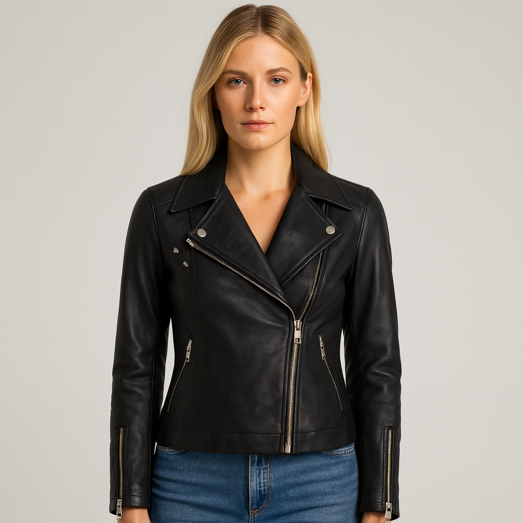 Faux leather biker jacket with asymmetrical zip closure, wide lapels, zippered side pockets, and zip cuffs.