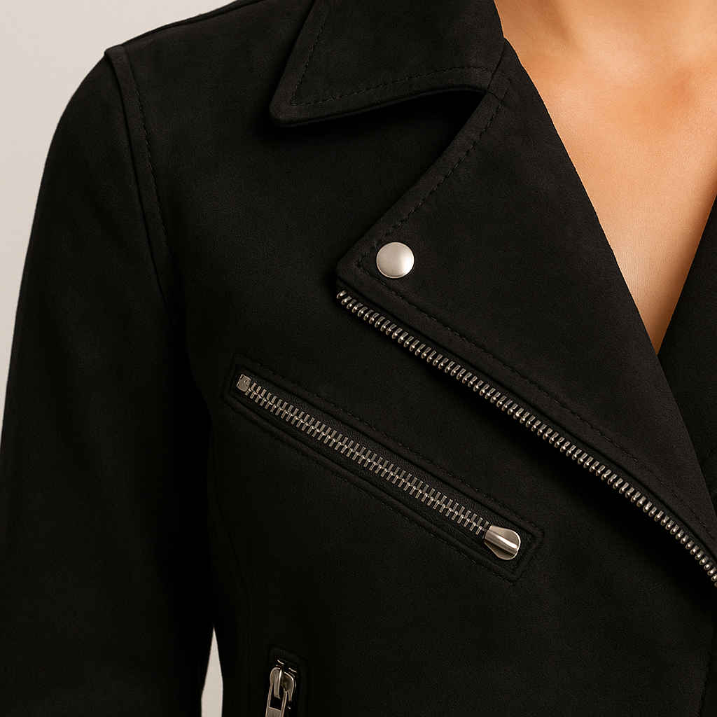 Faux leather biker jacket with asymmetrical zip closure, wide lapels, zippered side pockets, and zip cuffs.