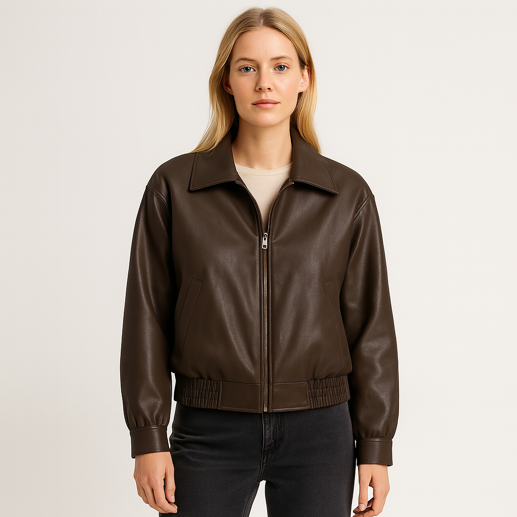 Front-zip leather jacket with a wide collar, side slit pockets, elastic hem, and cuffed sleeves.