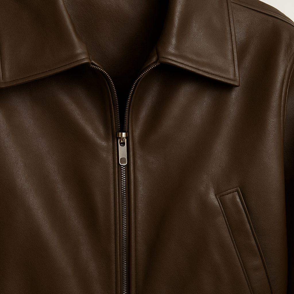 Front-zip leather jacket with a wide collar, side slit pockets, elastic hem, and cuffed sleeves.