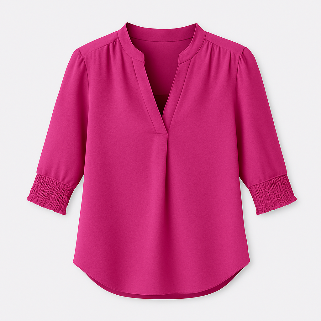 Blouse with V-neckline and smocked short sleeves.