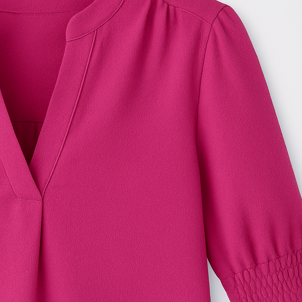 Blouse with V-neckline and smocked short sleeves.