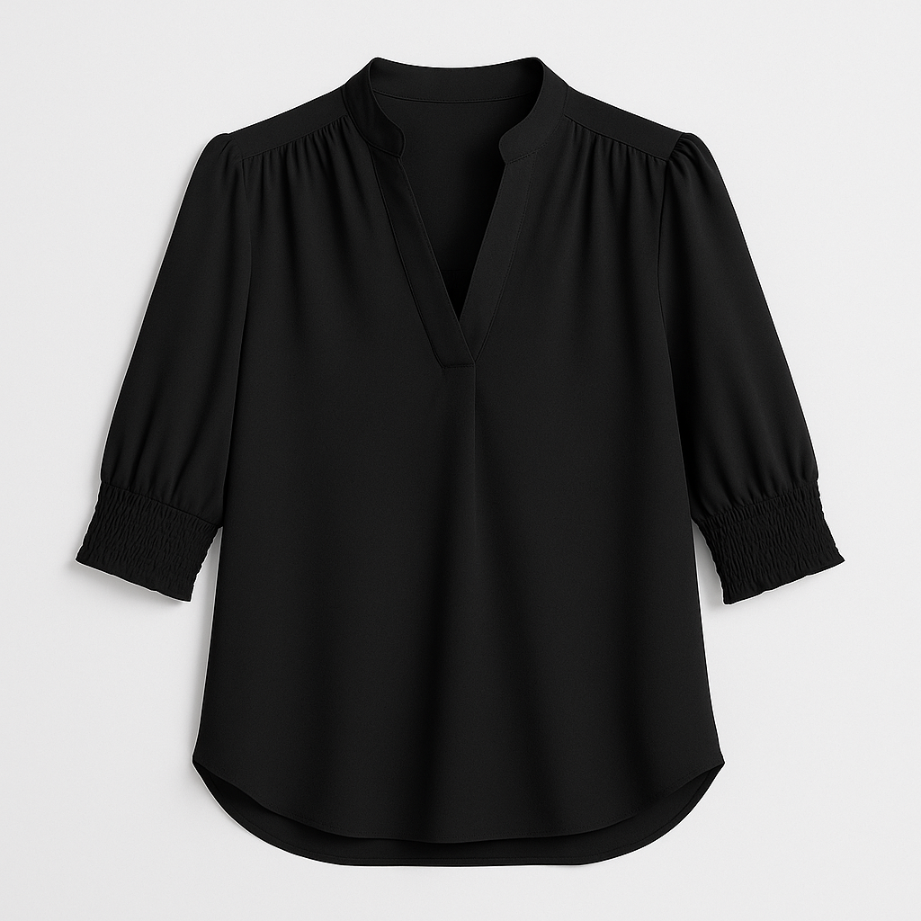 Blouse with V-neckline and smocked short sleeves.