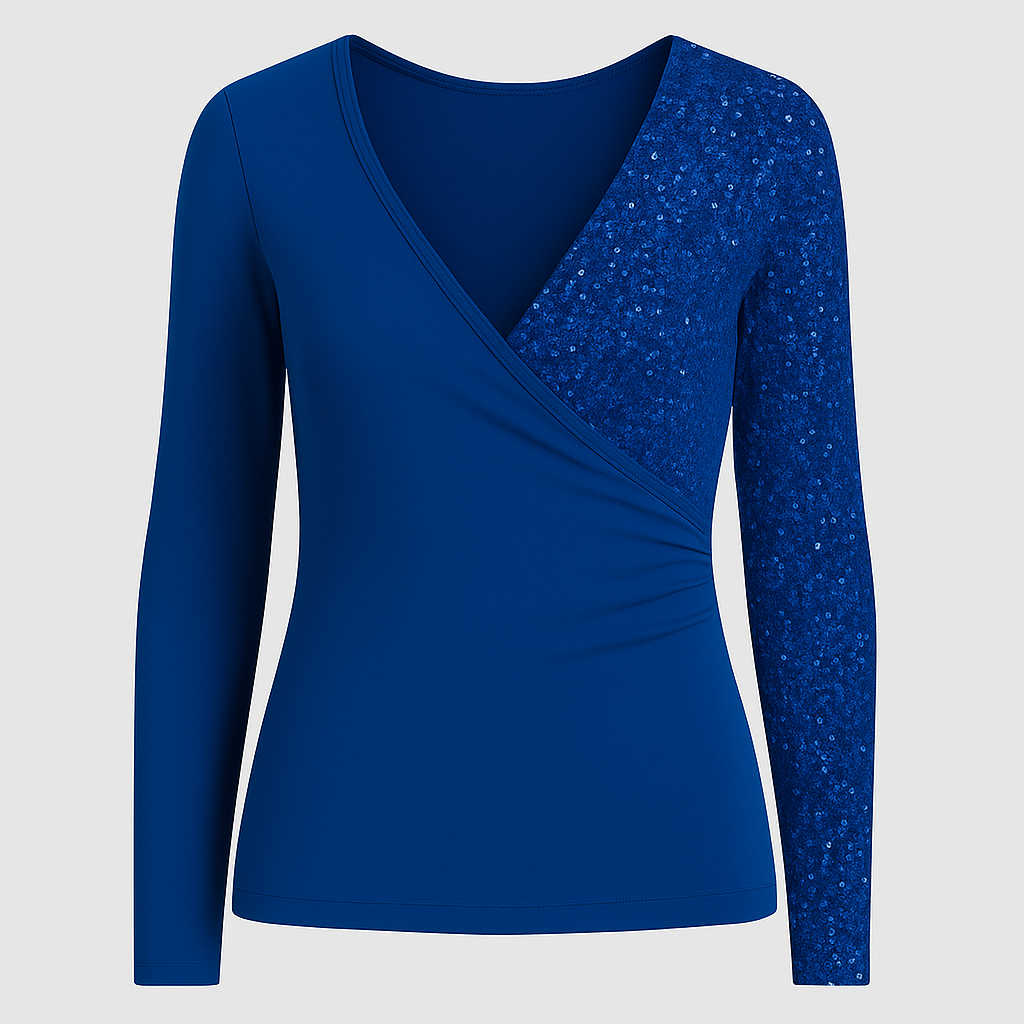 Fitted wrap-style top with deep V-neckline and sequined sleeve detail