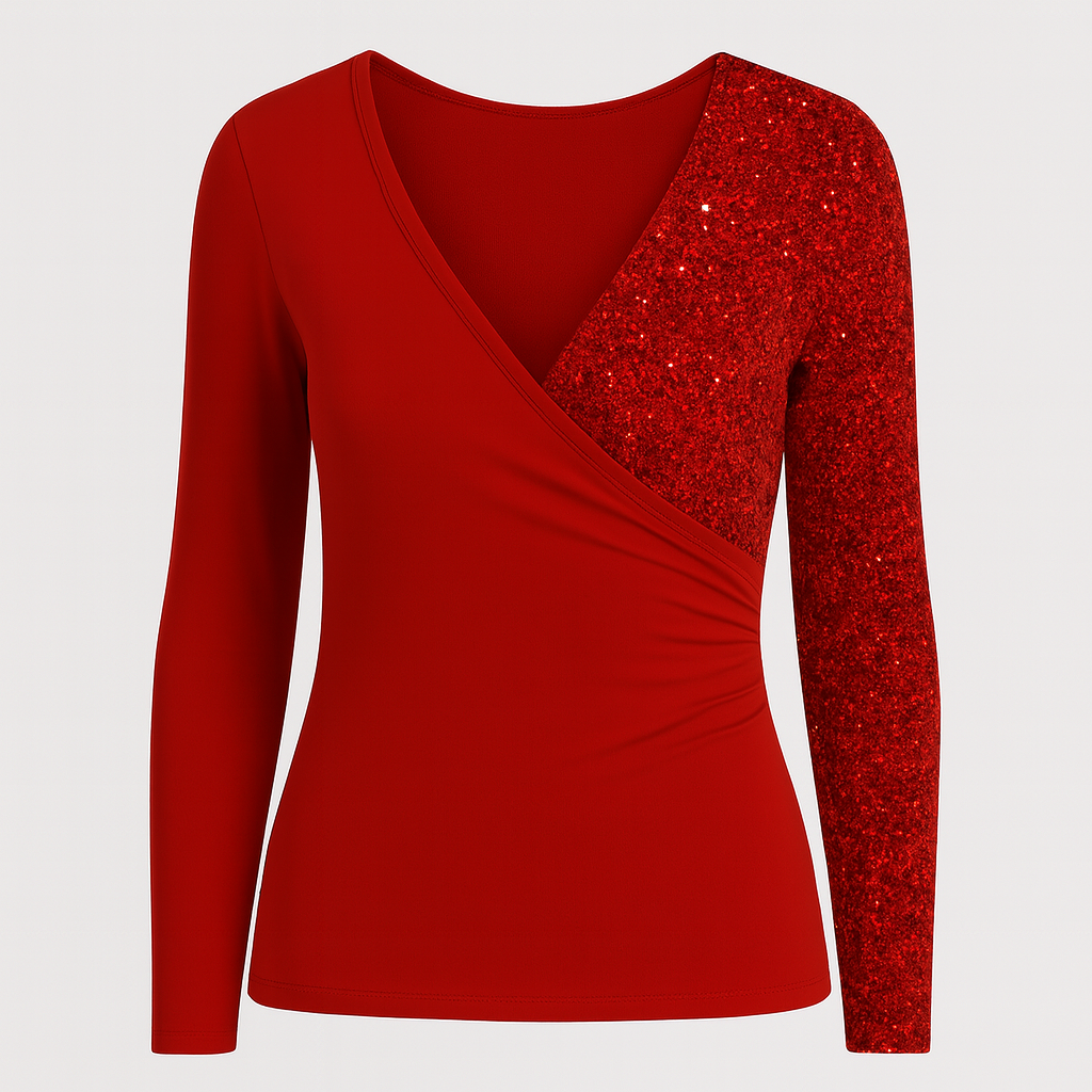 Fitted wrap-style top with deep V-neckline and sequined sleeve detail