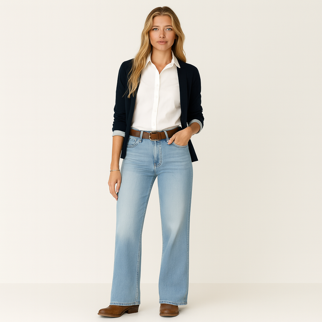 Straight-leg jeans with five-pocket design and button-front closure.