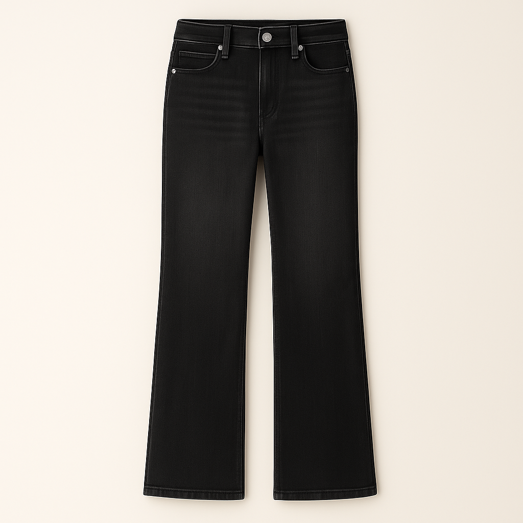Pair of mid-rise straight-leg jeans with five-pocket design and button-front closure.