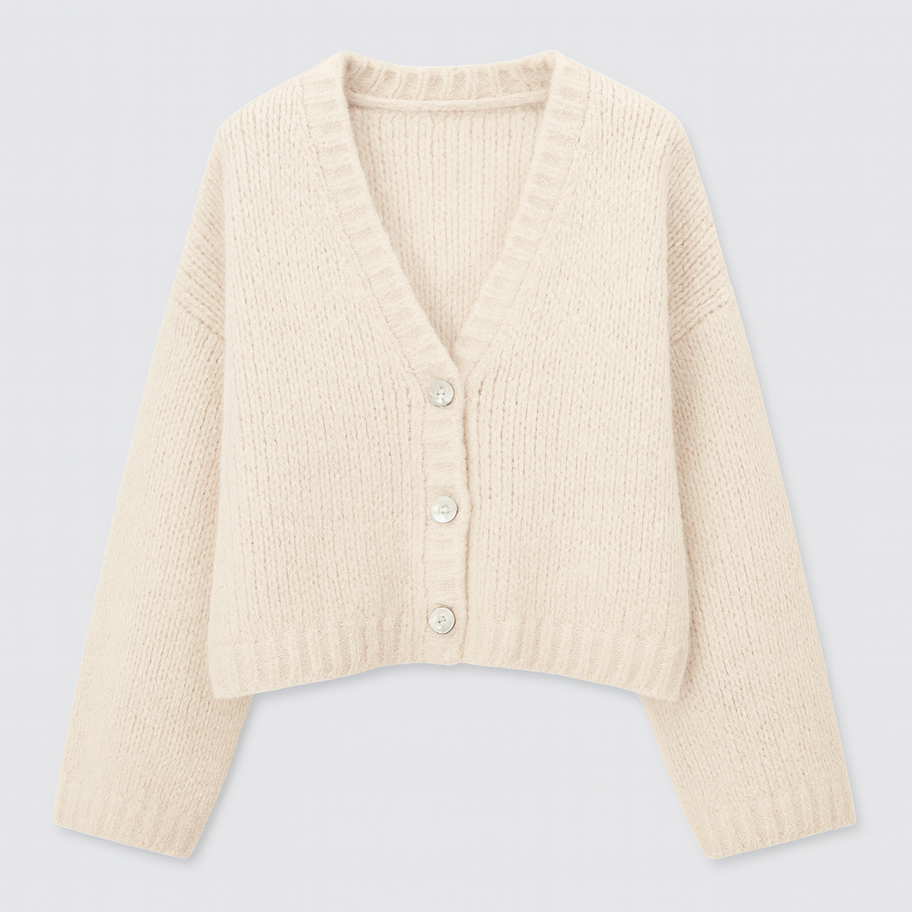 A cream chunky knit cardigan with oversized pearl buttons