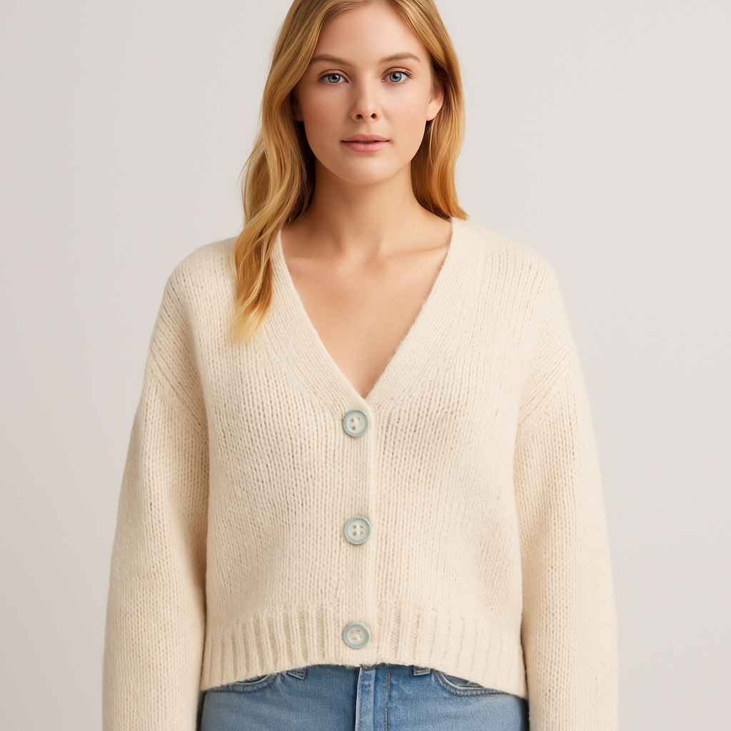 A cream chunky knit cardigan with oversized pearl buttons