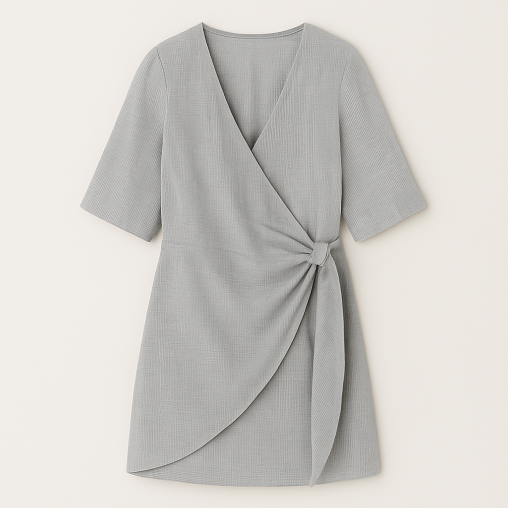 Sleeveless V-neck mini dress with vertical pleats and an asymmetrical hemline.