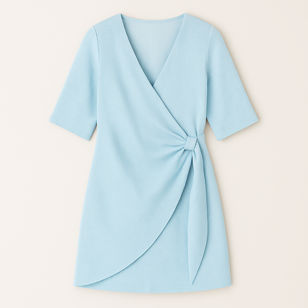 Sleeveless V-neck mini dress with vertical pleats and an asymmetrical hemline.