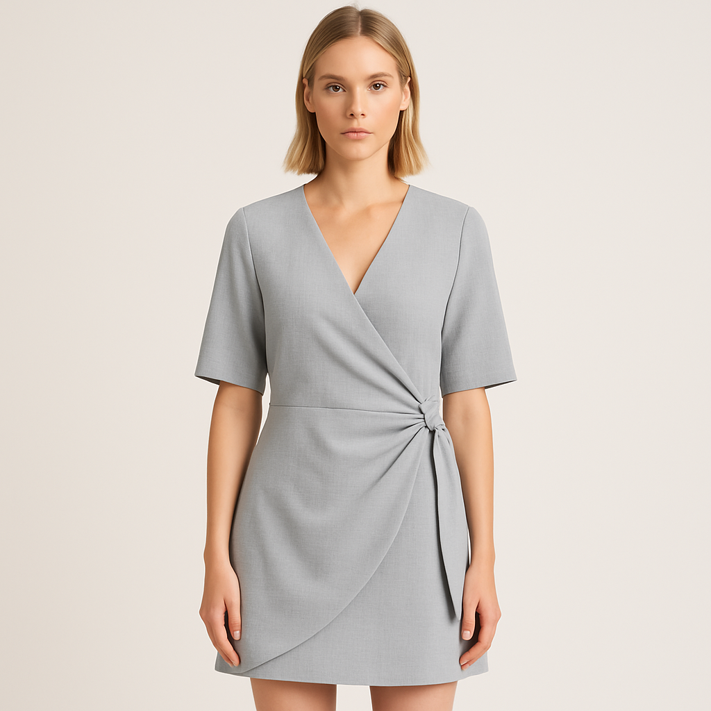 Sleeveless V-neck mini dress with vertical pleats and an asymmetrical hemline.