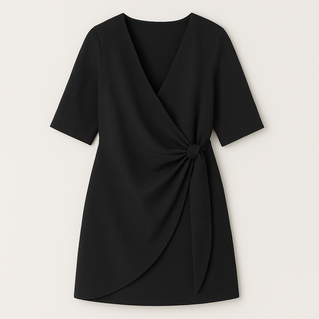 Sleeveless V-neck mini dress with vertical pleats and an asymmetrical hemline.