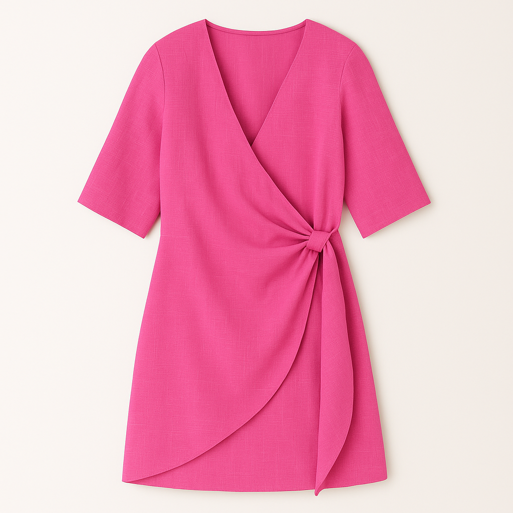 Sleeveless V-neck mini dress with vertical pleats and an asymmetrical hemline.