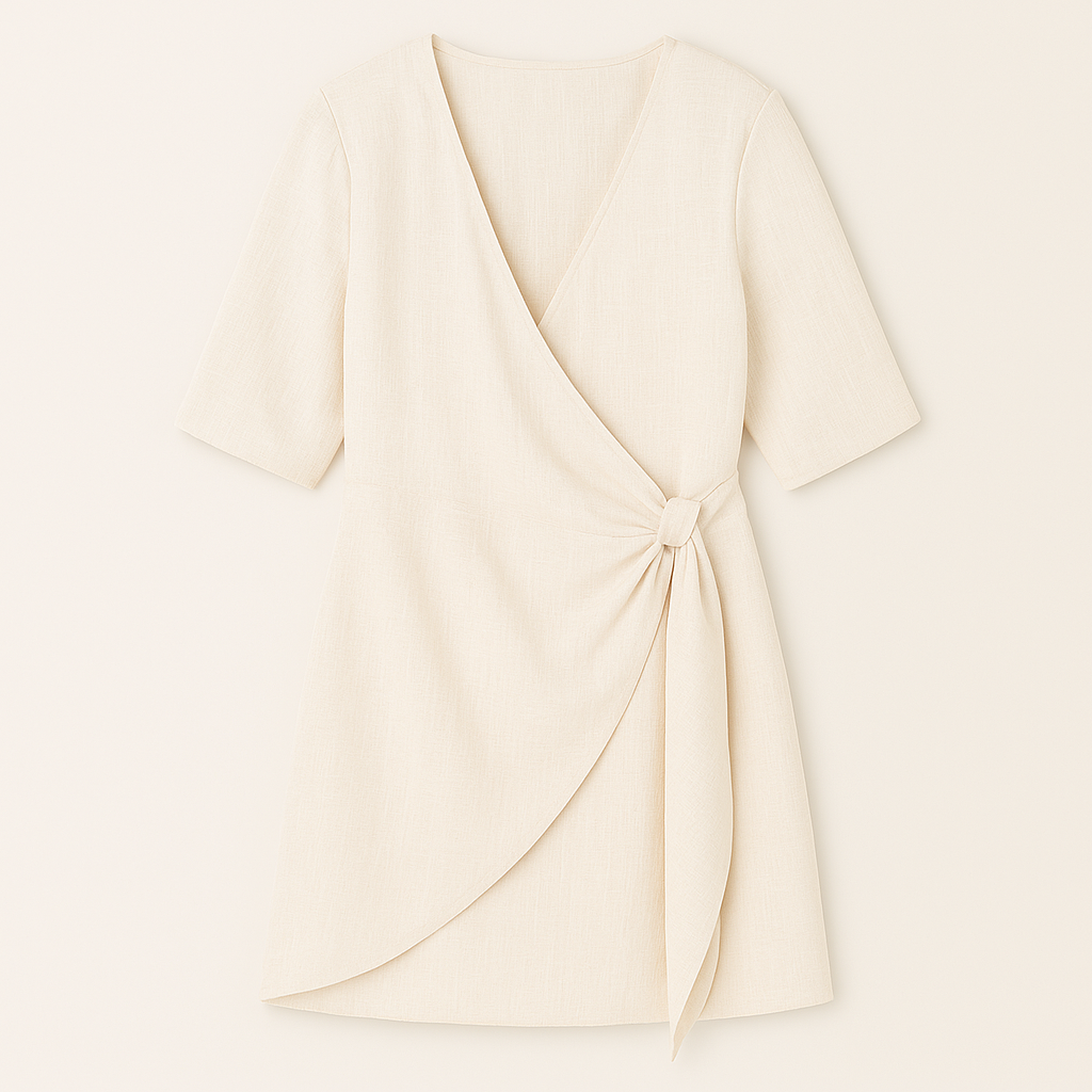 Sleeveless V-neck mini dress with vertical pleats and an asymmetrical hemline.