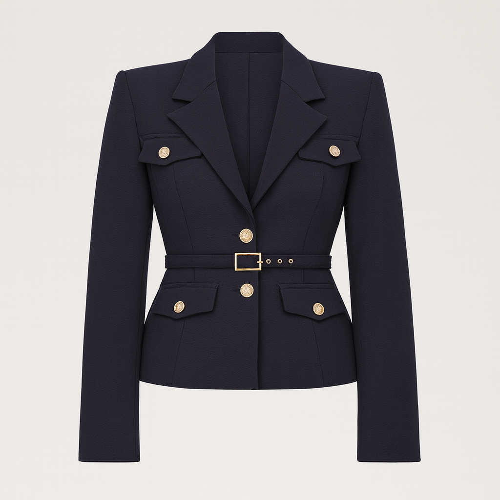 Tailored belted blazer with gold buttons and fitted waist
