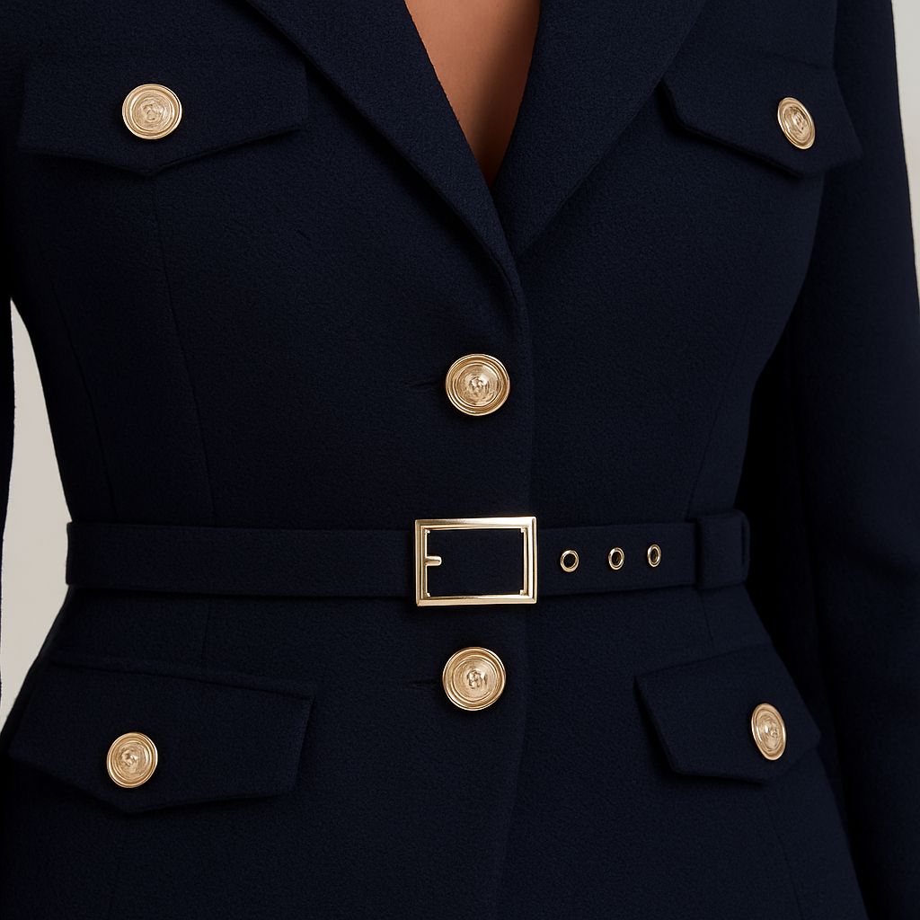 Tailored belted blazer with gold buttons and fitted waist