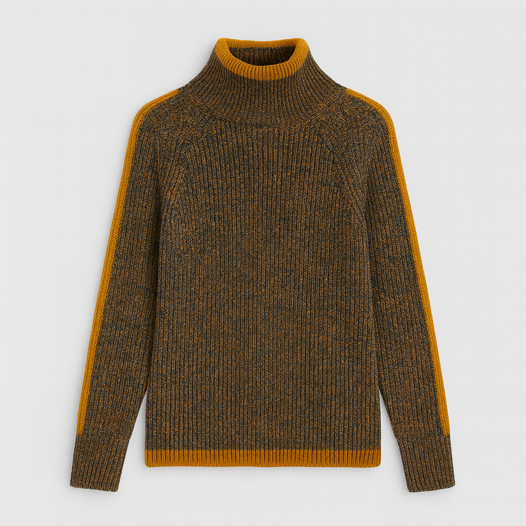 Ribbed knit turtleneck sweater with contrast trim on collar, cuffs, hem, and sleeves, designed for warm casual wear