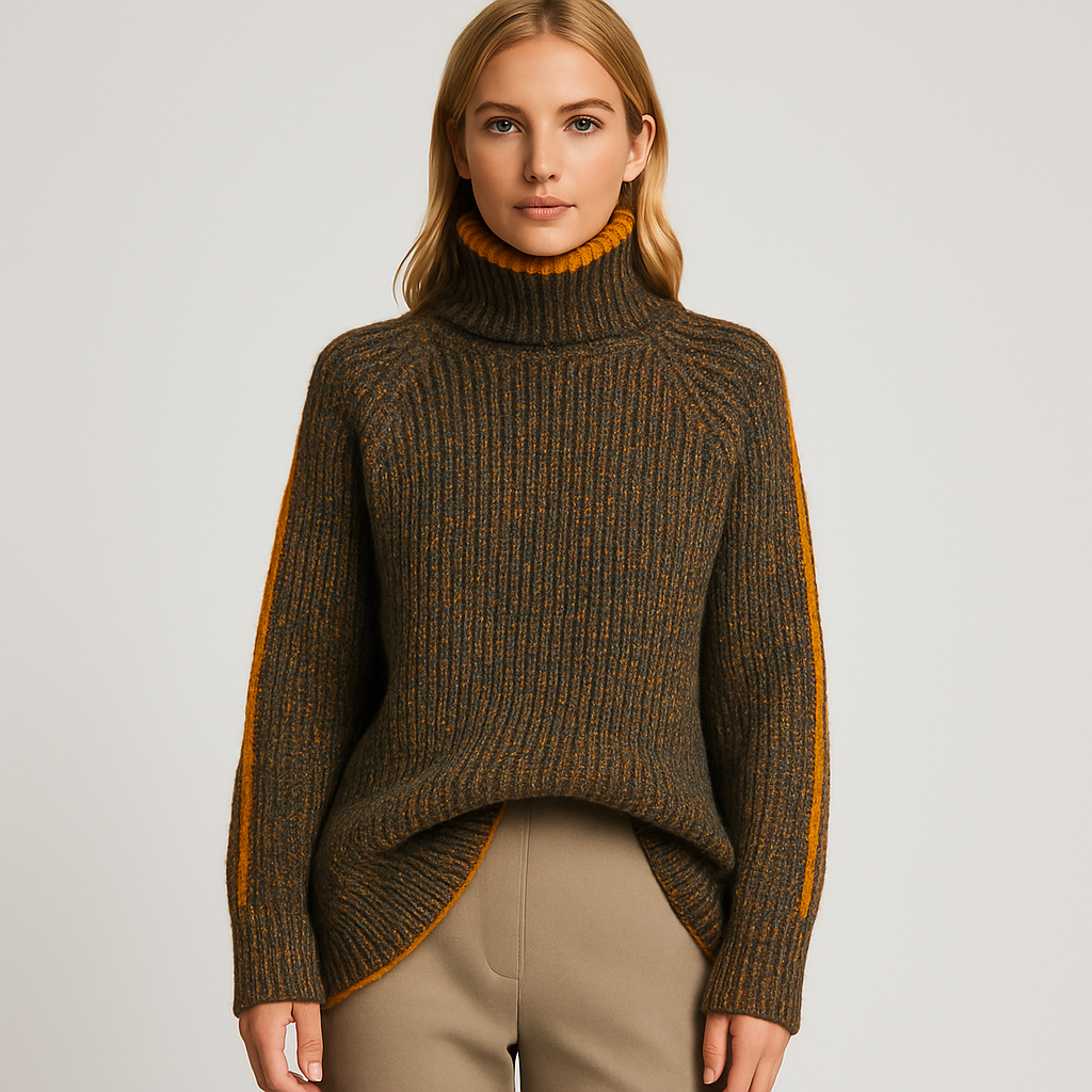 Ribbed knit turtleneck sweater with contrast trim on collar, cuffs, hem, and sleeves, designed for warm casual wear