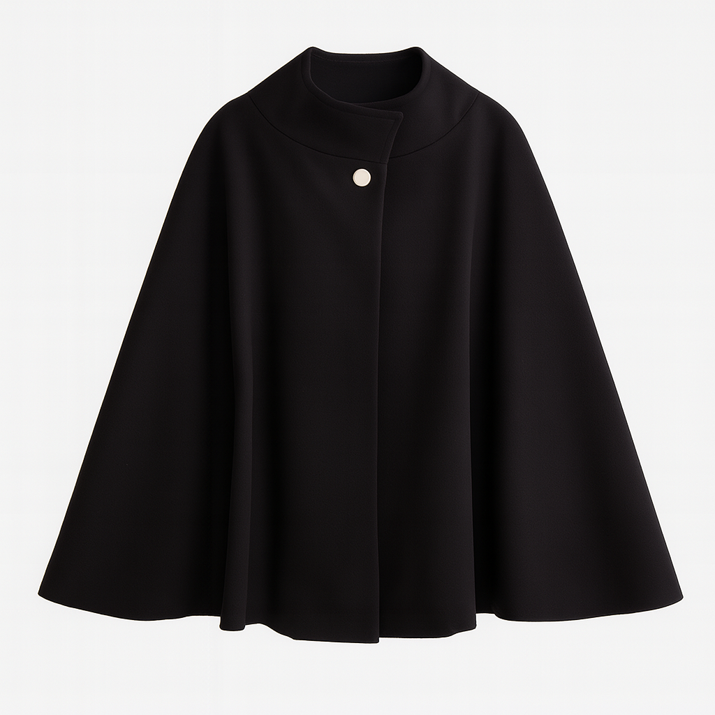 Wool-blend cape coat with high collar, pearl button, and belted waist