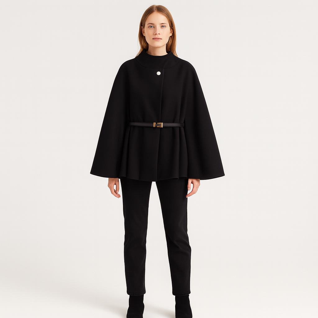 Wool-blend cape coat with high collar, pearl button, and belted waist