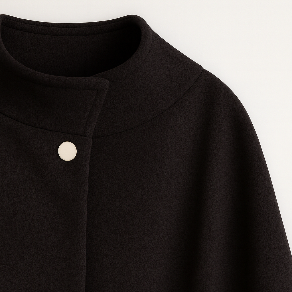 Wool-blend cape coat with high collar, pearl button, and belted waist