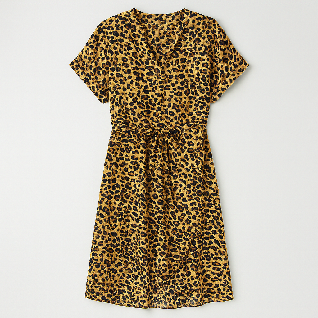 Short-sleeve V-neck midi dress with allover leopard print and a waist tie belt.