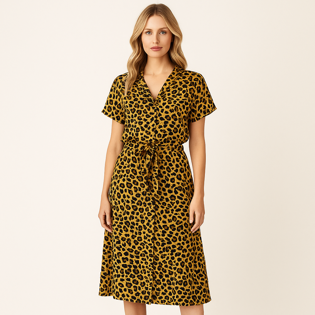 Short-sleeve V-neck midi dress with allover leopard print and a waist tie belt.