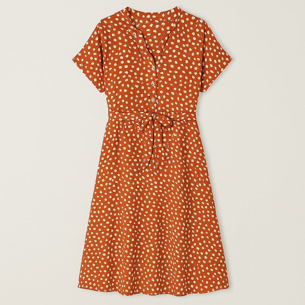 Short-sleeve V-neck midi dress with allover leopard print and a waist tie belt.