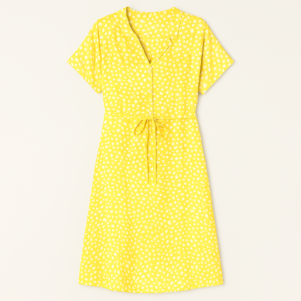 Short-sleeve V-neck midi dress with allover leopard print and a waist tie belt.