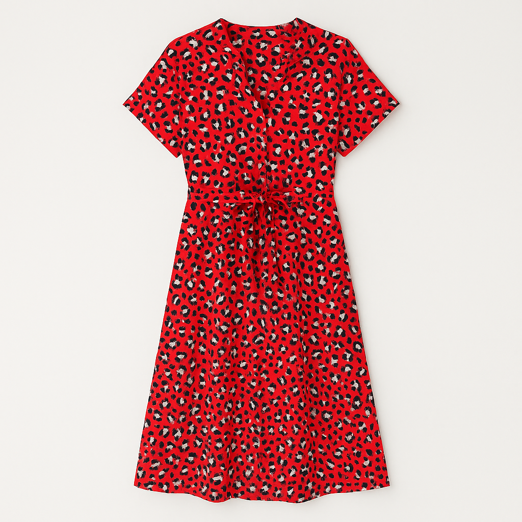 Short-sleeve V-neck midi dress with allover leopard print and a waist tie belt.
