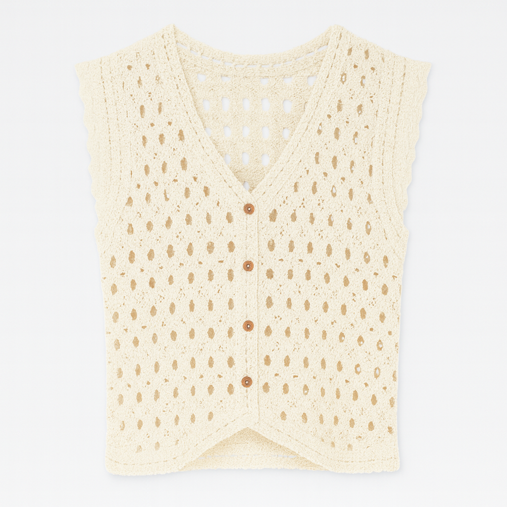 Cream crochet button front sleeveless top with scalloped edges, styled with denim for a bohemian summer look