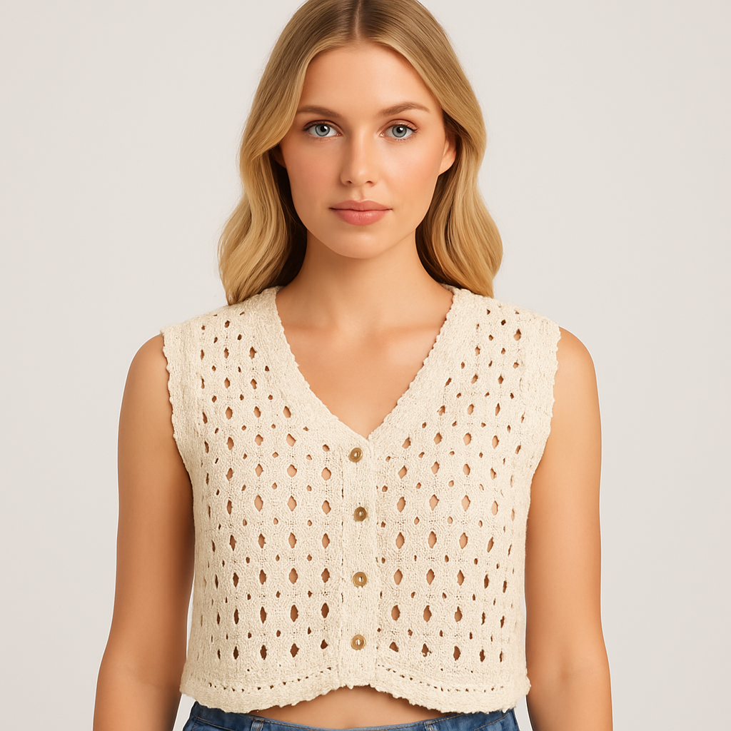 Cream crochet button front sleeveless top with scalloped edges, styled with denim for a bohemian summer look