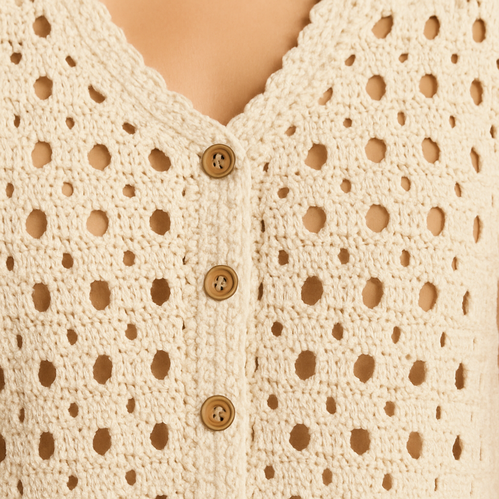 Cream crochet button front sleeveless top with scalloped edges, styled with denim for a bohemian summer look